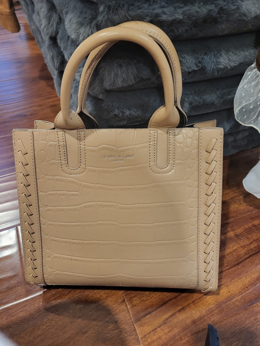 Beige Croc-Embossed Top-Handle Bag